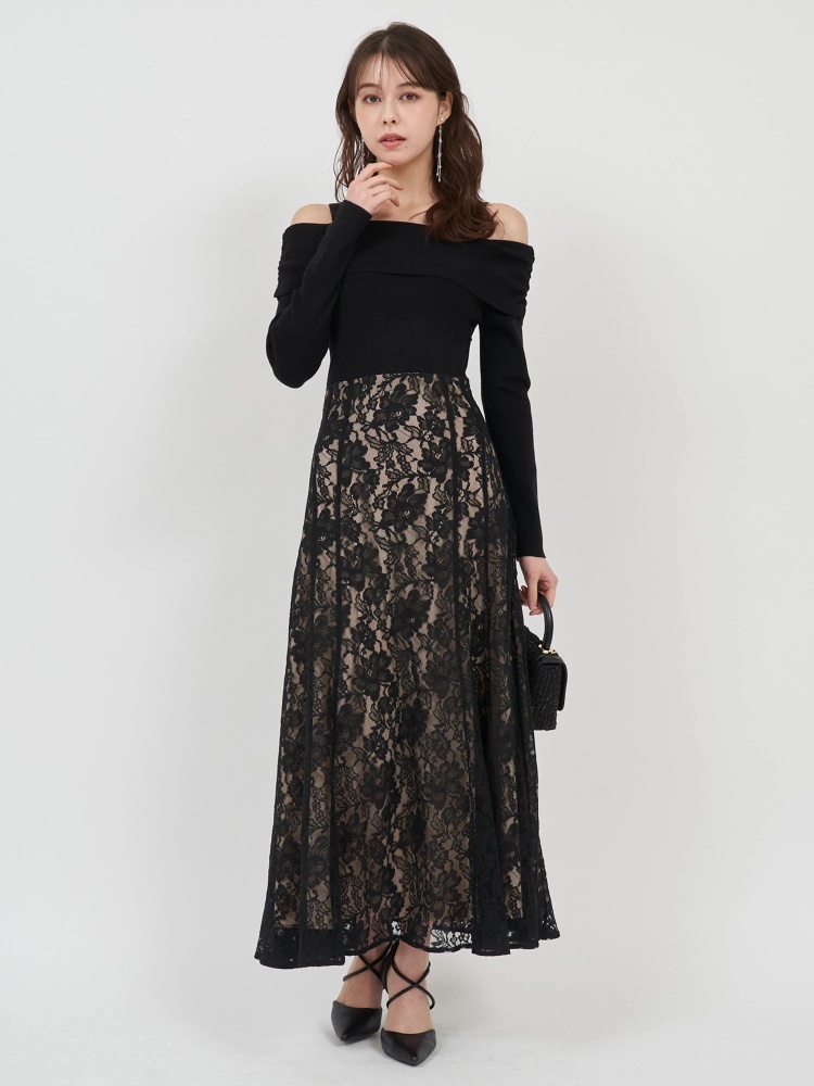 オフショルドッキングレーススカートワンピース｜ワンピース  