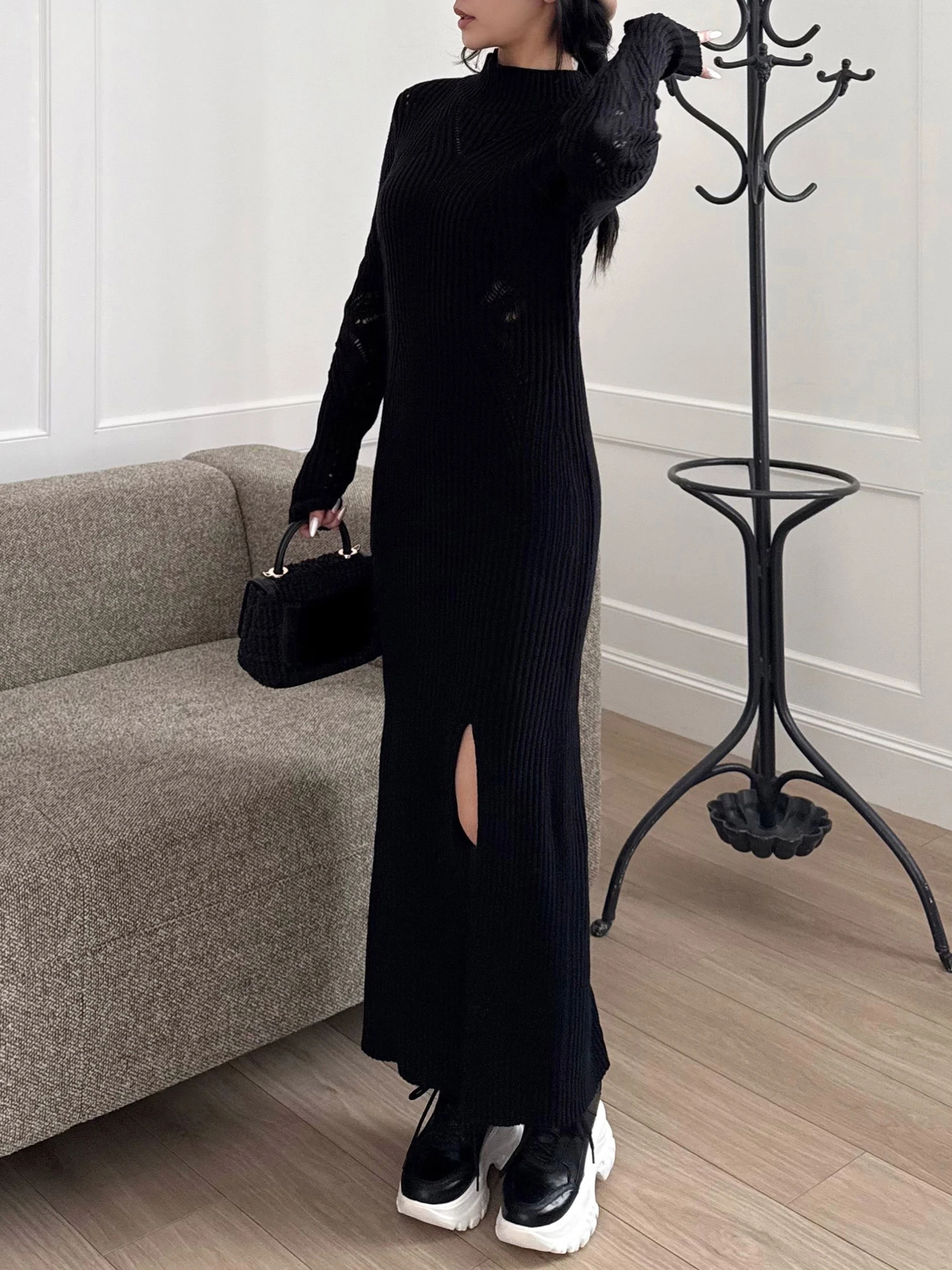 透かし編みモックネックロングニットドレス｜ドレス｜ワンピース