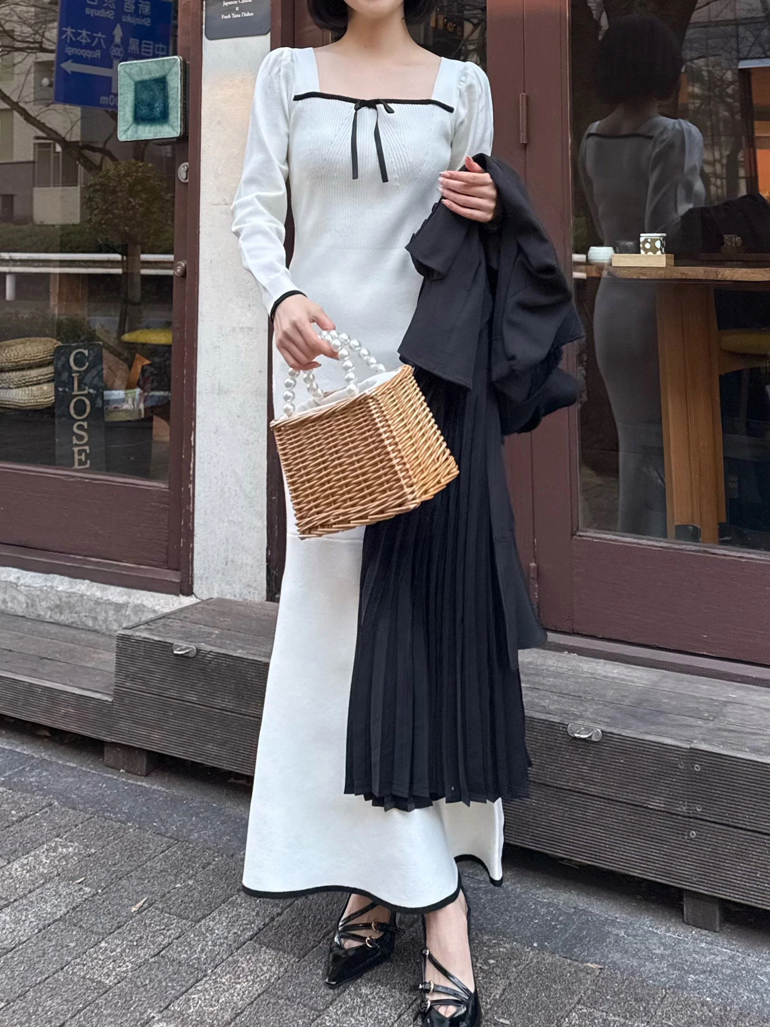 配色リボンニットマーメイドワンピース｜ニットワンピース