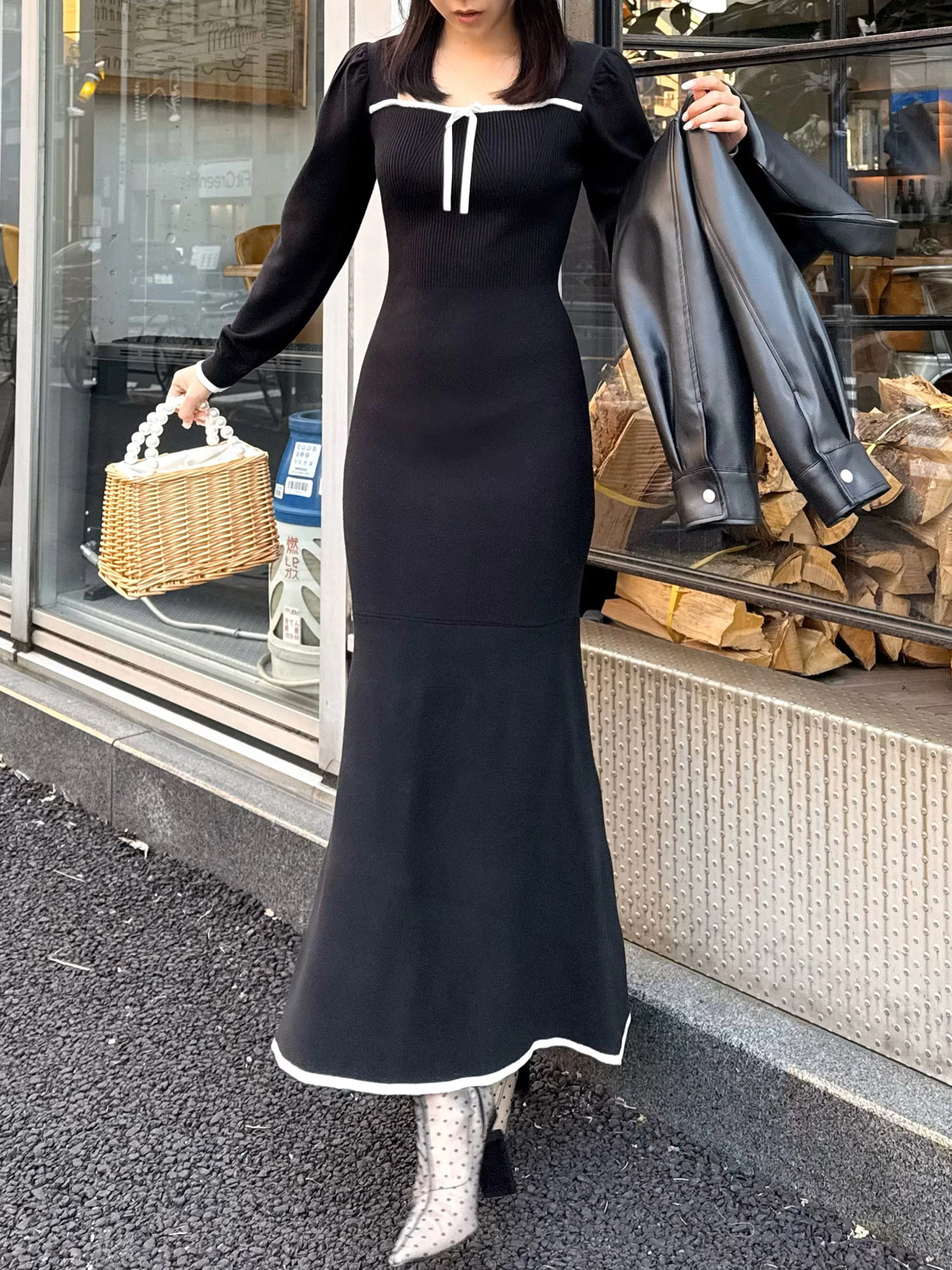 配色リボンニットマーメイドワンピース｜ニットワンピース