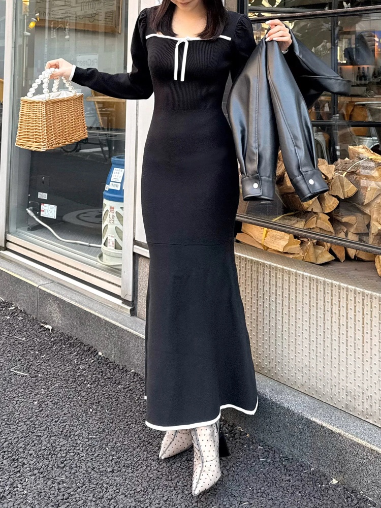 配色リボンニットマーメイドワンピース｜ニットワンピース｜ワンピース 