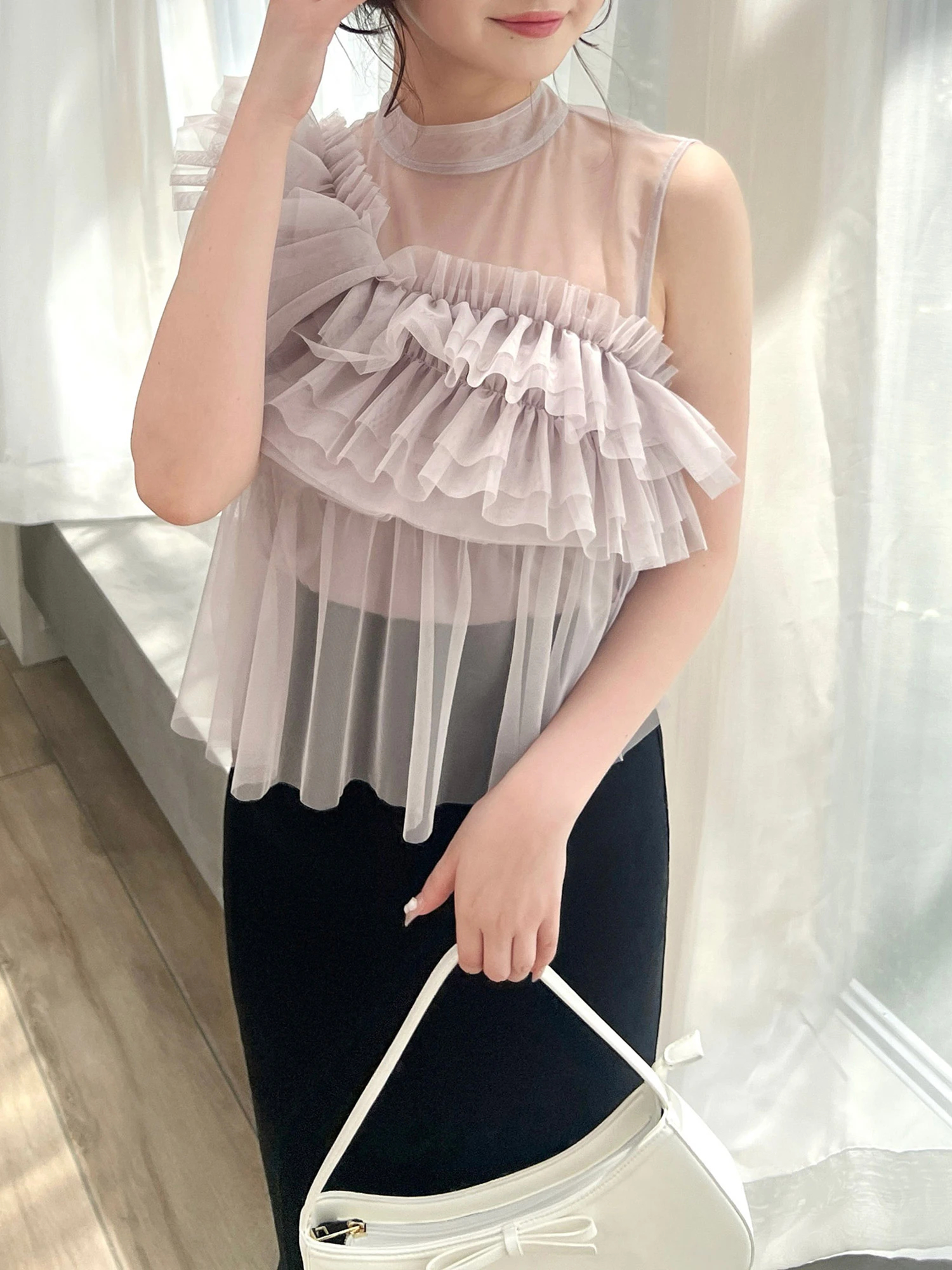 AMERI★大人気★チュールトップス★black チュールフリルトップス