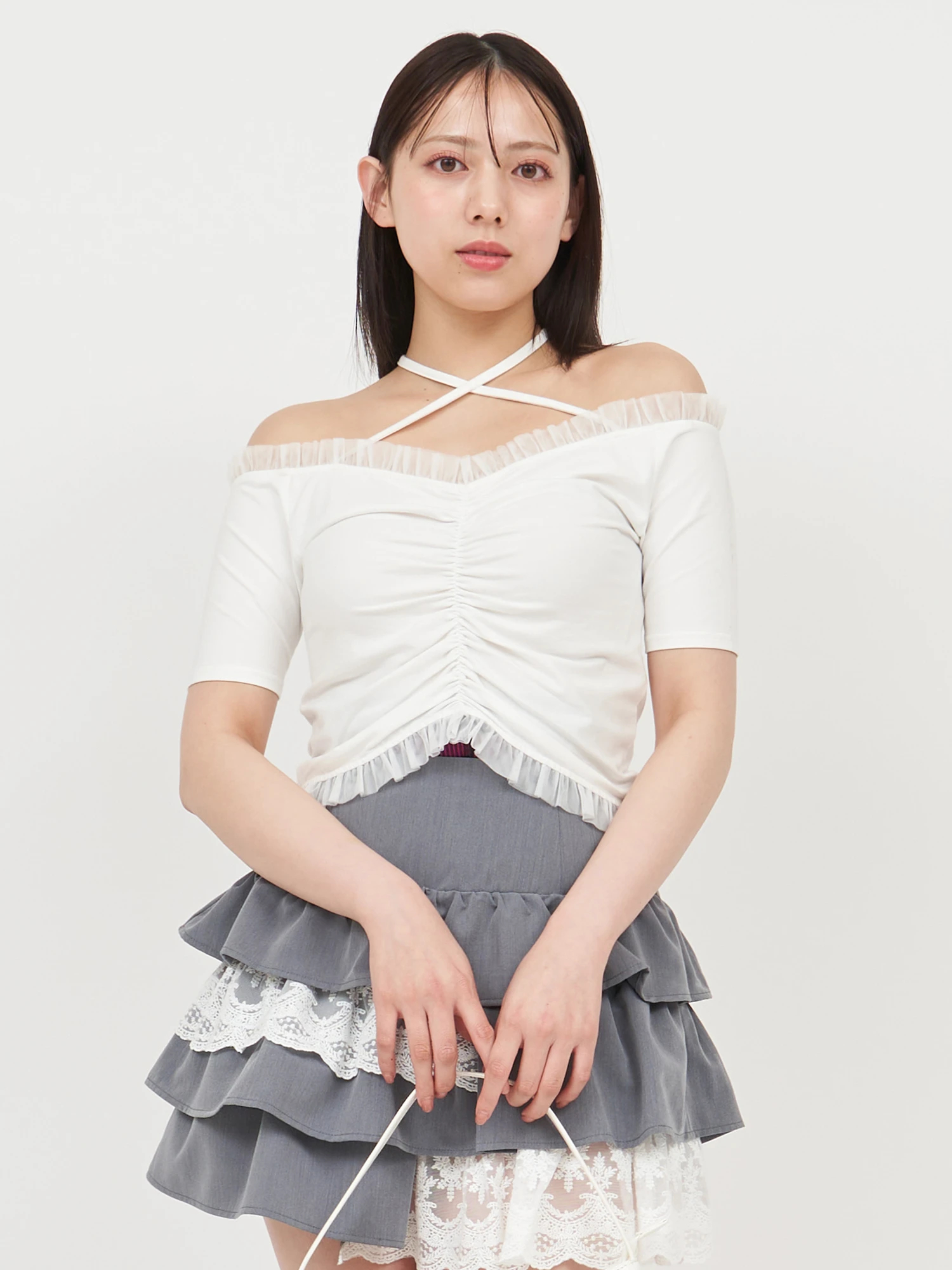チュール使いオフショルギャザートップス｜Tシャツ・カットソー