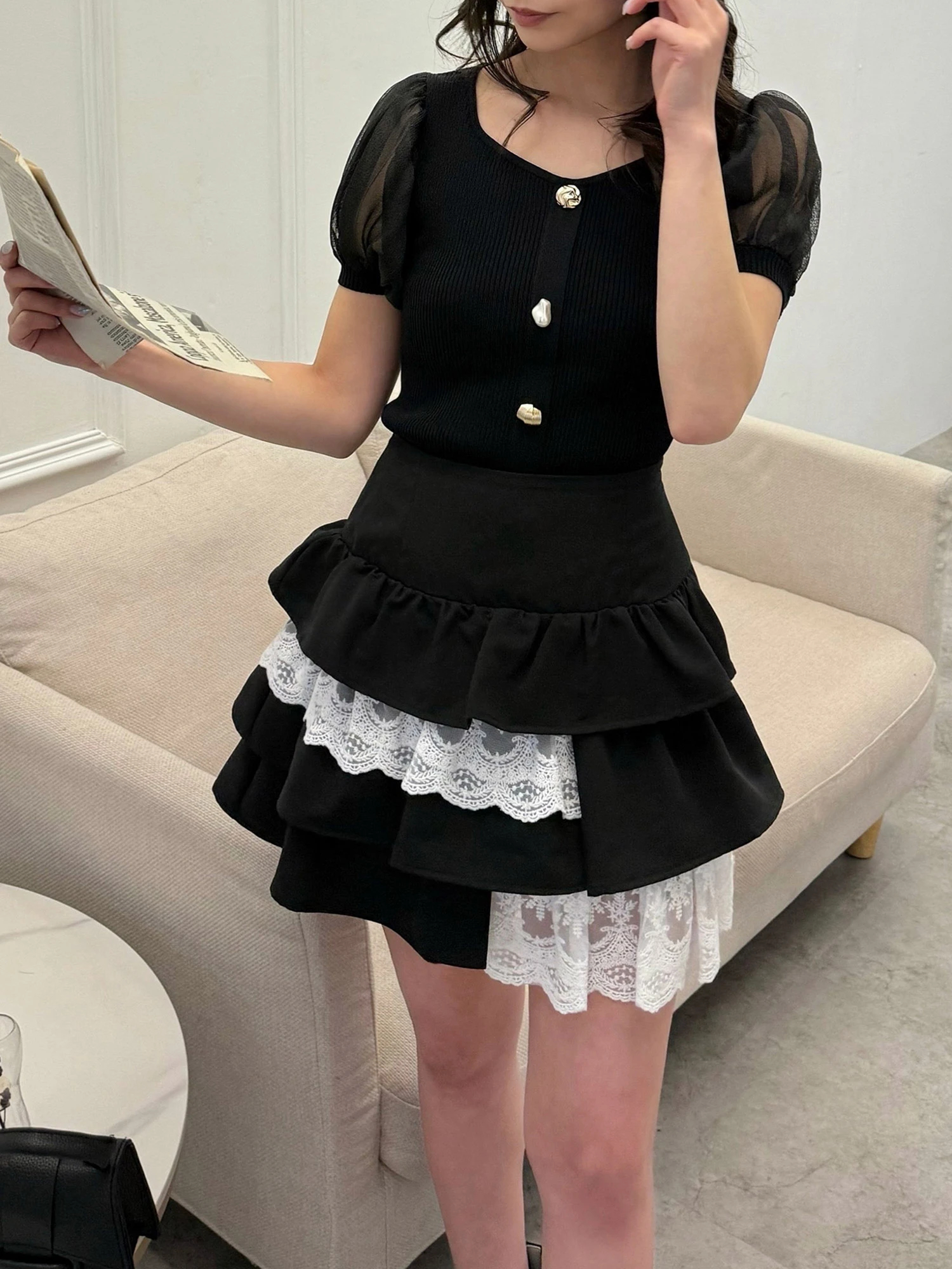 CHICWISH★フラワー総レースラッフルスカート☆ レースレイヤードラッフルミニスカート|ミニスカート|スカート
