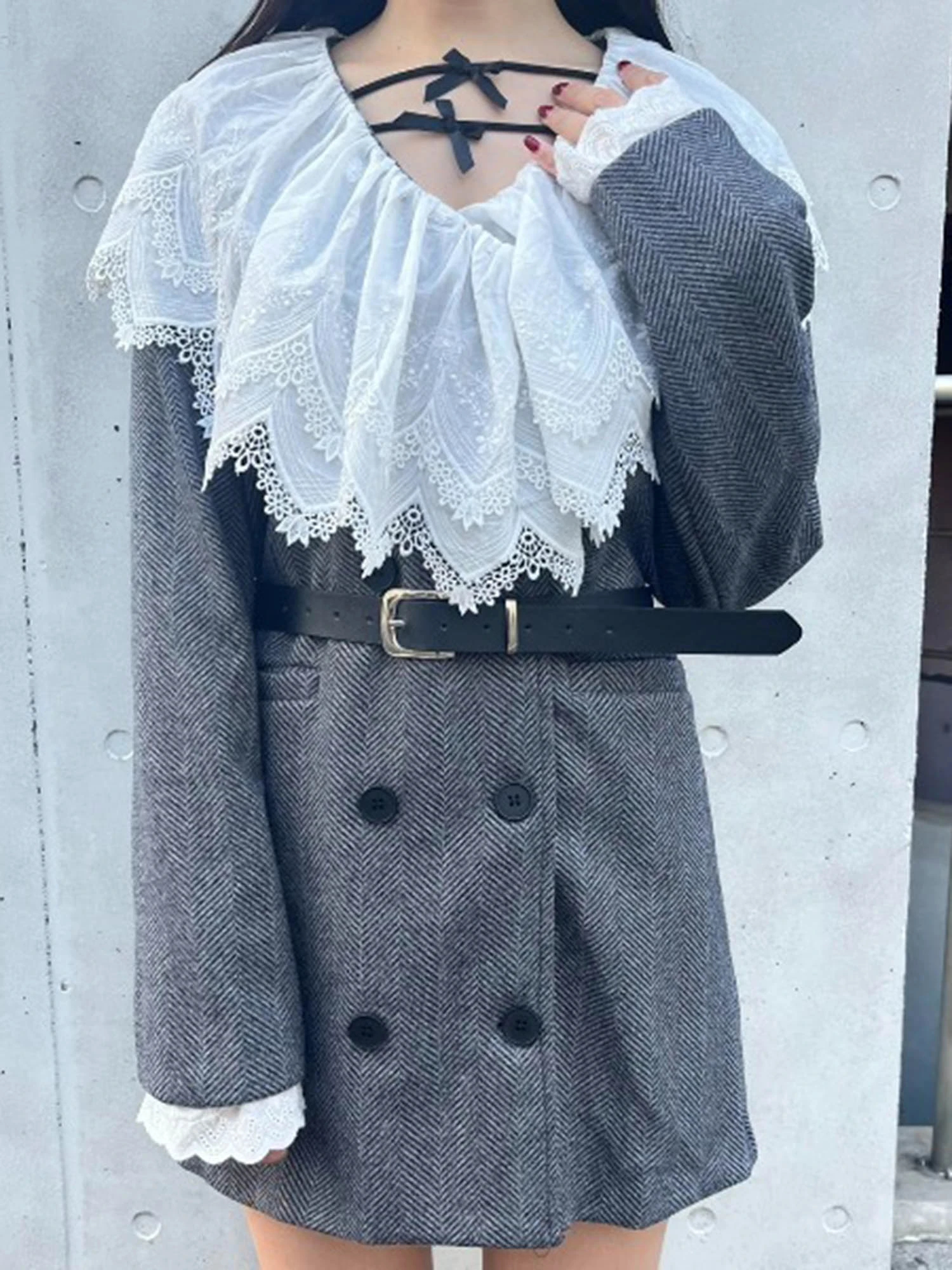 フィットモア　フリル付き紺ジャケット Fit more コート アウター フリルフードティアードジャケット