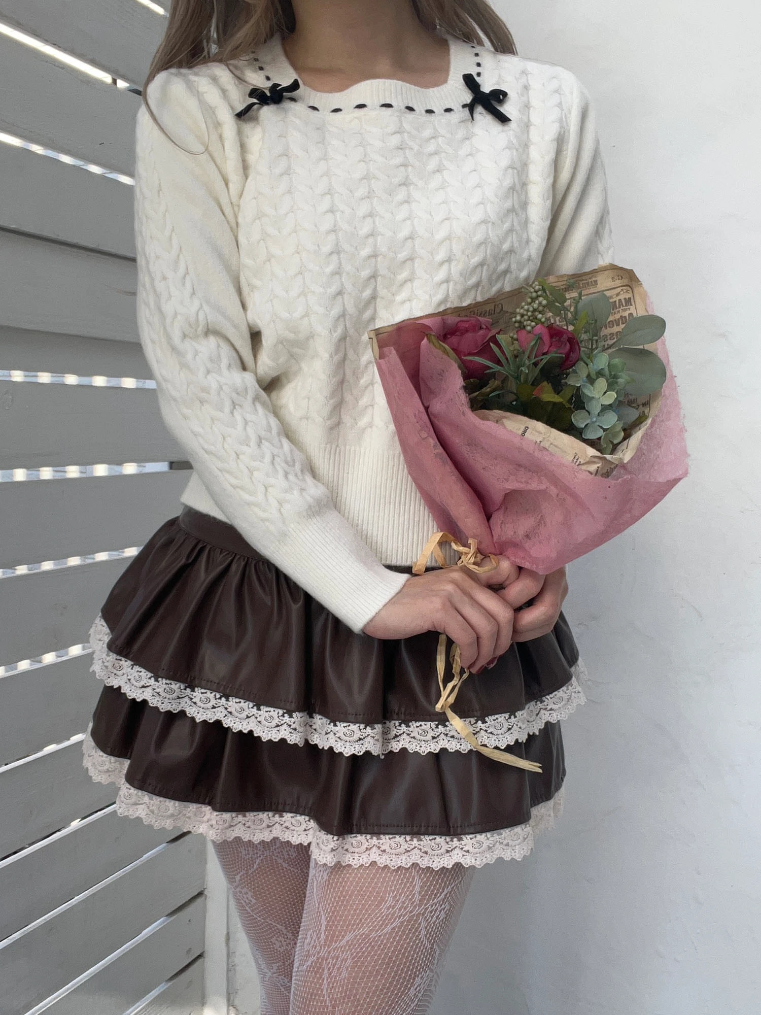 新品【MORE self LOVE】モアセルフラブ　リボン付　ケーブルニット ベロアリボンケーブルニット｜ニット｜トップス｜MORE self LOVE