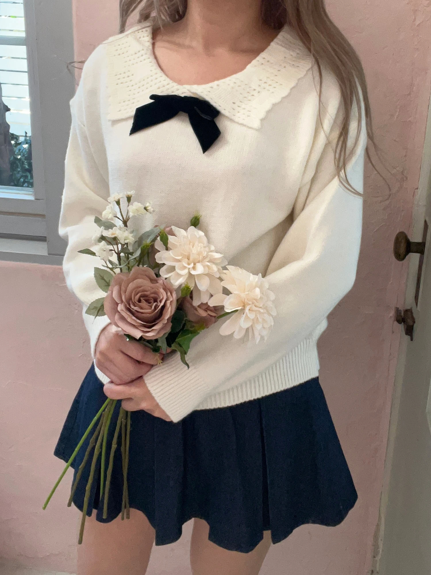 新品【MORE self LOVE】モアセルフラブ　リボン付　ケーブルニット ガーリーリボンニット｜ニット｜トップス｜MORE self LOVE（モア