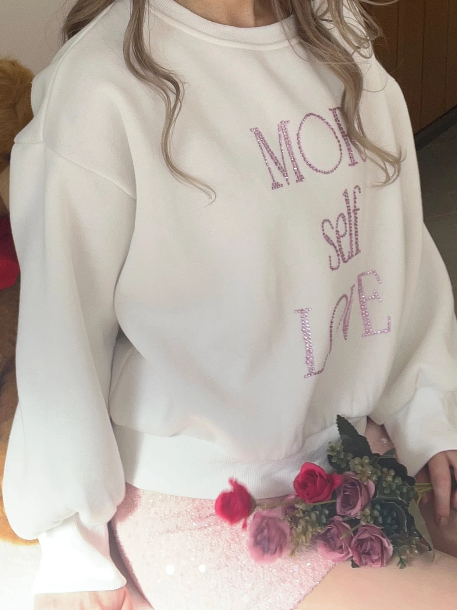 トレーナー スウェット MORE self LOVE logo rhinestone sweat レディース MORE self LOVE logo rhinestone sweat｜Tシャツ・カットソー